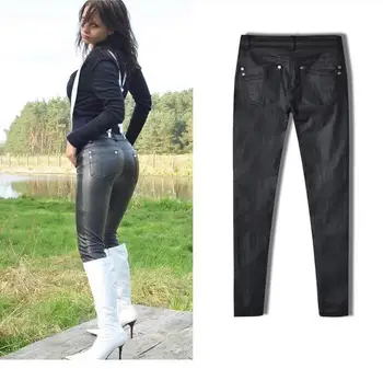 Ženske jesen seksi hlače od umjetne kože s niskim strukom, crne uske moto hlače