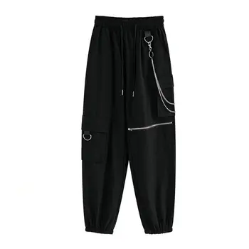 Ženske hlače-teretni sa elastičan struk, slobodan hlače-teretni, hip-hop Vanjska odjeća, crnci Svakodnevne punk-ženske sportske hlače s džepovima