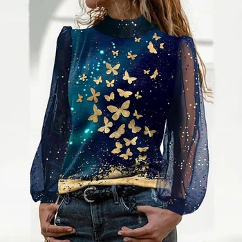 2022 Proljeće Ženska modna odjeća Jesen Bluze Košulja Elegantan Leptir Ispis Ženska Mreža dugi Rukav Bluza Šivana Vrhovima