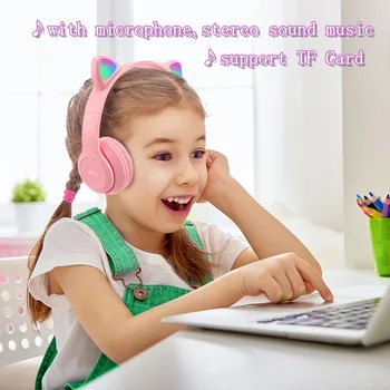 Bluetooth Slušalica Kompatibilne Slušalice 5,0 Bežični LED Djevojke Stereo Sklopivi Sportske Slušalice Mikrofon Slušalica Slatka Mačka Uši