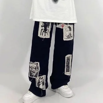 Gotička Grunge Crne traperice Emo Egirl Hip-hop Ulični Punk odjeća Kolaž hlače s po cijeloj površini Prevelike Široke hlače 90-ih Cyber Široke traperice