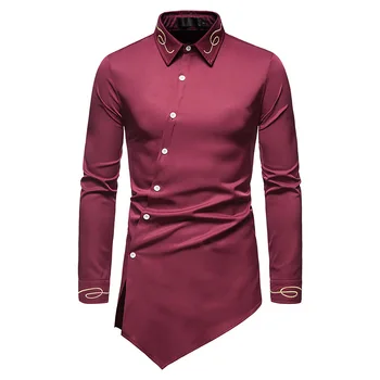 2021 Novi šuplje muški trend, Vezene asimetrični košulja s dugim rukavima, Zapadna traper košulja, Maksi socijalno haljina Europske veličine