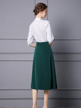 2022 Novi proljetni odijelo za pistu za žene Elegantna bijela bluza s po cijeloj površini, a suknja Midi Aline, Komplet od 2 predmeta, Ured za odjeću, žensko