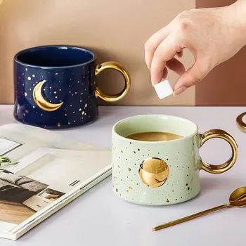Mjesec Sunce Bubalo u stilu INS Šalice sa zlatnom ručicom Kava s Mlijekom Kreativni Kućni Ured Zvjezdano Nebo stakleno Keramička Šalica Par izvrstan dar