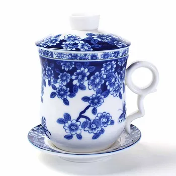 Plavi i bijeli porculan keramika uredski šalica od četiri dijela s poklopcem, uključujući filtriranje oprema, osobna čaša za ručak, poklon konferencija