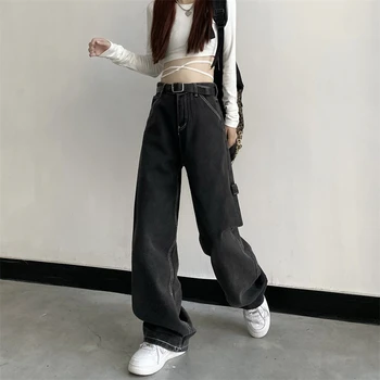 Ženske traperice Vintage visokim strukom Y2k Ulica odjeća Korejski Moda Black siva izravne traper hlače Ženske široke Široku traper hlače