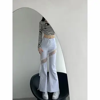 2021 Ljetne ženske hlače s visokim strukom, seksi spaljene držači hlače Harajuku u Patchwork stilu, Vintage ulični odjeće, bijele выдалбливают široke traperice