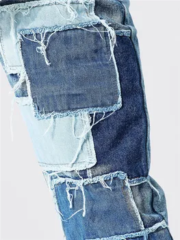 2021 Novi Boji blok Uređaji visoke muške traperice Svakodnevne hlače Uličnu odjeću u stilu Patchwork Dečko Plava crna tanke ravne hlače