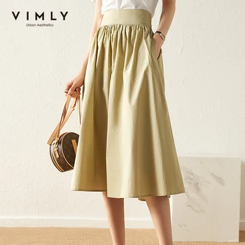 VIMLY Ljetne suknje za žene Elegantne Duge suknje s visokim strukom Office ženske džepove Suknja na munje Kaki Zelena Berba nisa F7966