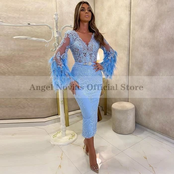 Anđeo НОВИАС S dugim rukavima Čaj Duljine Arabic plava večernja haljina 2021 s olovkom Abiye Elbiseleri Vestido De Fiesta De Boda