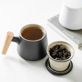 Keramičke čajna šalica s poklopcem, šalicu za odvajanje čaja, filter šalica, kreativno šolja sa drvenom drškom