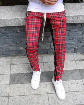 Vanjska odjeća crvene kariranih Muške hlače Trkači 2019 Muške Svakodnevne izravne hlače Muške Sportske hlače u stilu hip-hop Plus Size
