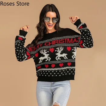 Ženski zimski džemper velike veličine Ženski Ružna Božićni pulover Toplo skakači Crne Majice s dugim rukavima Svečana odjeća Pulover