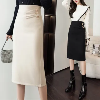 2021 Jesensko-zimska moda ženske Vunene suknje srednje dužine Monotono torba Hip jedan korak Profesionalni suknja OL Elegantna ženska odjeća
