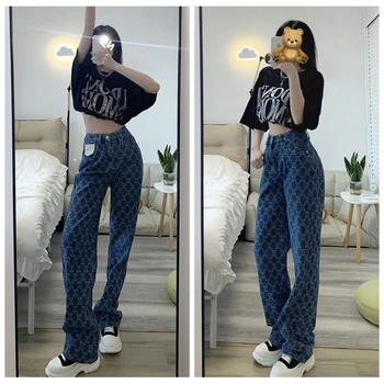 Cyber y2k Hlače Moderan grafički jeans hlače s visokim strukom Tanke ženske olakotne gumbe Fly Korejski traper hlače Ulica odjeća ženske Traperice