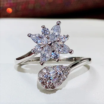 Huitan Estetski Ženske Otvaraju prsten sa sjajnim cvjetnim prstena CZ Vjenčanje Pribor za žene Visoke kvalitete Nakit srebrne boje