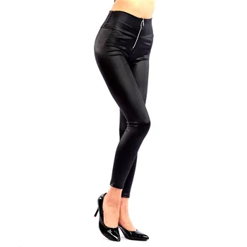 YRRETY Jesen Ženske tajice s visokim elastičan struk Prednji zip, izrađene Sjajne hlače uske crne svojim gležnjeva Push-up XXL Odozdo