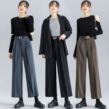 Formalne crne hlače Ženske izravni Slobodni 2020 Nove Tanke hlače s visokim strukom Jesensko-zimske Široke hlače s divljim draperija