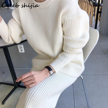 Šik bijele pletene haljine, ženske slobodne pulover okruglog izreza i suknje s visokim strukom, ženske korejski jesensko-zimske Elegantne setove iz 2 predmeta