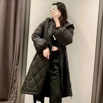 ZA Zimska jakna za žene pamučne parkovi s kapuljačom 2021 Modni toplo dugi kaput na obloge, dugi rukav Ženska moderan slobodna casual odjeća