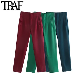 TRAF moderan Ženski moda s detaljima šava Uredski odjeća Hlače Vintage visokim strukom Munja Fly Ženske hlače na щиколотке Mujer