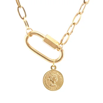 Žene Punk ogrlica od nehrđajućeg čelika čvrsta kopča naušnice zlatne boje Sretan novčić Dvorac privjesak Dugačak kabel teške ogrlice