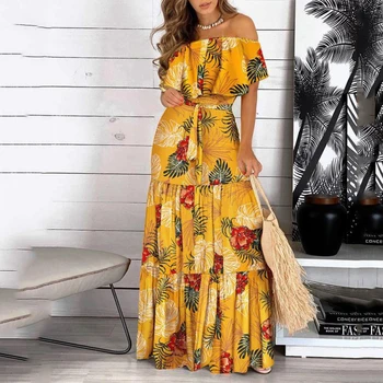 Elegant Fashion Leopard Robes Print Long Dress Ruffle Maxi Bohemian Strapless Sundress For Women Vestidos haljina ljeta donje