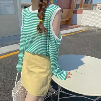 Ženska majica dugi rukav u traku s otvorenim otvorima bez naramenica Ljetne modne sunčane prevelike Svečane i Svakodnevne modne na korejskom stilu