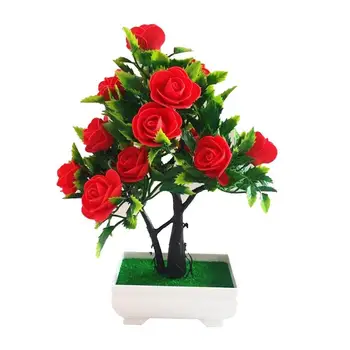 Umjetne Ruže Bonsai u saksiji Višebojnom Umjetni Lažni Cvijeće Crvena Plava Ružičasta Žuta Biljke Unutarnji Stola Obrt Ukras Ukras