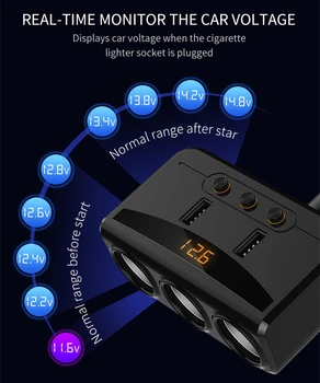 2019 Automobil jedan povlačenje 3 Utičnice Razdjelnik Upaljača 2 Port USB Adapter punjač sa prekidačem Led display sa definicijom napona