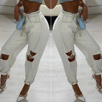 2021 Jesen je Za žene Seksi običan bijeli poderane usjeci s visokim strukom Džepni dizajn Traperice, Traper hlače Duge Hlače Svakodnevne Casual odjeća Novi
