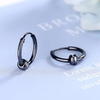 KOFSAC Trendi Naušnice od 925 sterling srebra za muškarce i žene Nakit Jednostavne crne naušnice-prsten za ljubitelje Pokloni za Valentinovo