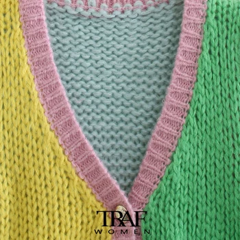TRAF Za Ženska slatka funky patchwork укороченная вязаная кофта Kardigan Džemper Vintage sa zelenim rukavima Ženska gornja odjeća Šik vrhovima