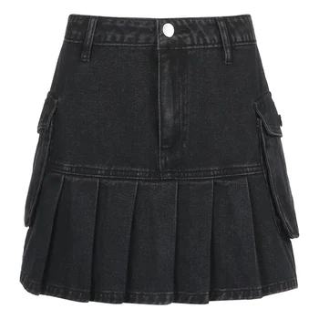 Muyogrt Vintage Y2k Široke traperice mini-suknje, Ženske i Tamno plave modni gotički crne Kratke suknje s visokim strukom 90-ih Korejski džepove