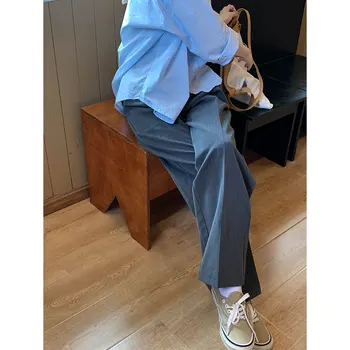 Koreja 2020 Ženske elastične hlače s visokim strukom i dugim širokim штанинами, Slobodne ravne hlače Midi munje, Pune dužine