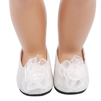 18-inčni cipele za djevojčice, cipele za lutke, cipele s bijelom ružom, vjenčanica, cipele od umjetne kože, američka cipele za novorođenčad, dječje igračke, pogodna za lutke 43 cm, s63