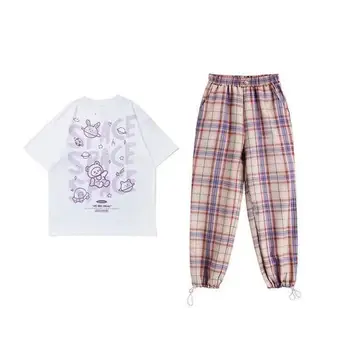 Sportski odijelo za odmor od dva dijela od čistog pamuka za djevojčice Harajuku majica s kratkim rukavima u kavez Široke hlače Studentsko ljeto Novi stil