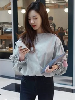 Ženska bluza Majica na pruge s okruglog izreza pulover s rukava-svjetiljku Korejski Proljeće i Jesen dugi rukav Office ženske uzročno-istražne majice Košulje Nove