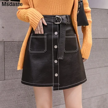 2019 Nove trendy ženske suknje od umjetne kože sa postavom unutar Korejski Svakodnevni mini-suknja s visokim strukom i zone Crna vanjska odjeća Kožne suknje
