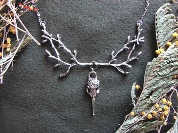 Gotička gavran gavran lubanju ogrlica vještica nakit ptica srebrna boja privjesak викканские poganski grane šuma muški ženski poklon nova moda