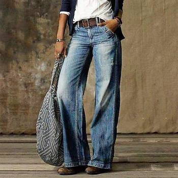 Proljeće i Jesen Ženske jeans Odjeća s visokim strukom Široke Traperice Siva Ulični Stil Retro Kvaliteta Modni Ravne Duge hlače