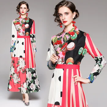 Za žene s dugim rukavima Boho Cvjetni print nabrane svečane haljine Jesen Modni dizajner pink u cvijetu prugama Maxi haljina 8615