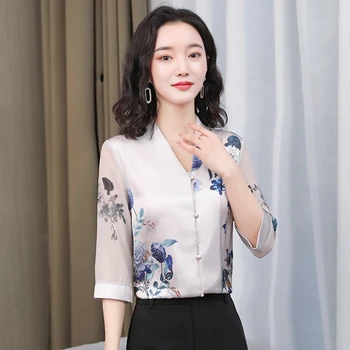 Korejski svilene košulje Ženska moda Cvjetne košulje Žensku bluzu s V-neck, Ženske bluze na zakopčane Satin bluze s po cijeloj površini Шифоновая ženska košulja