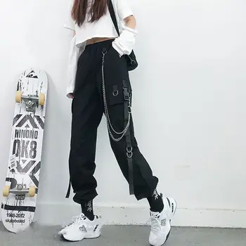 Y2K Hlače-teretni Ženske lanca Džep Punk-hlače Gotički Hlače za trčanje Harajuku E-Emo Girl Hip-hop Grunge Ulica odjeća Alt Techwear